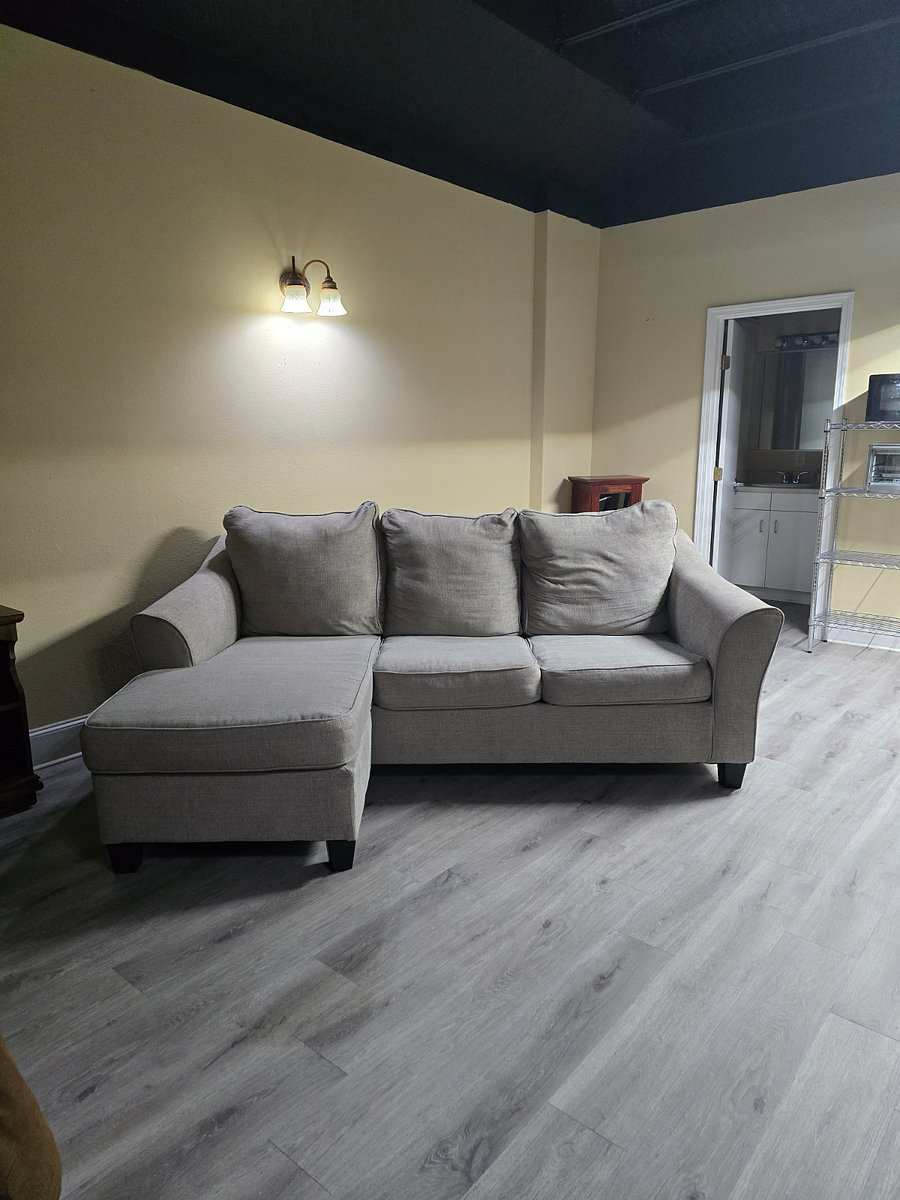 Studio 105: a grey sofa with a chaise on wood-look floors, the bathroom door and shelving behind it.