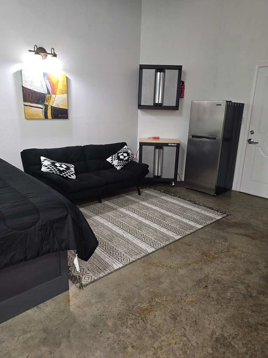 Studio 201: a black futon sofa with patterned pillows on a striped rug, framed art, a wall cabinet and a stainless fridge by the door.