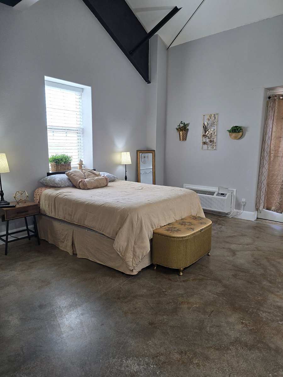 Studio 203: a made-up bed with a padded bench at its foot, a window, wall plants and French doors under a high ceiling.